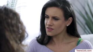 Beautiful stepdaughter sits on stepmoms face