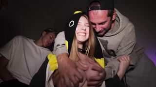 A cute slut took three big dicks at a party