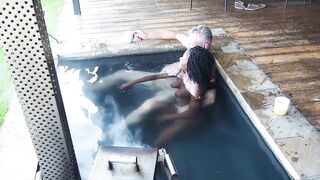 "Steam, Sun & Serenity" Ebony Secretary fucks her boss in the hottub