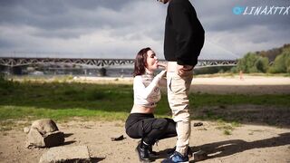 Public Sex Vlog: Deepthroat & unexpected pussy creampie